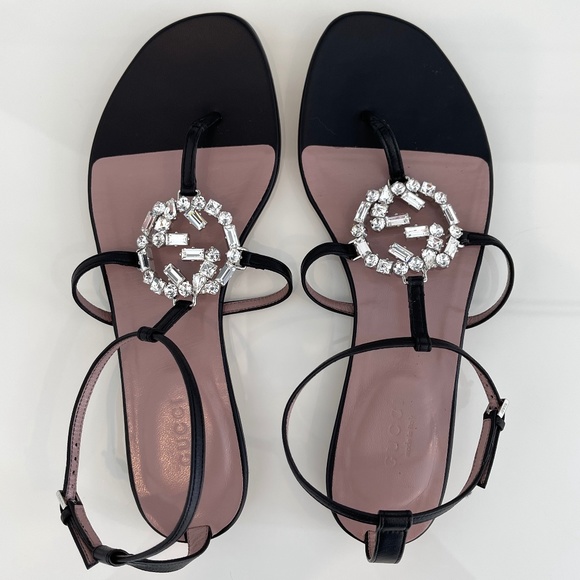 GUCCI BLACK LEATHER CRYSTAL GUCCI SANDALS SIZE IT 37 / US 7 NEW IN BOX! - Picture 13 of 17